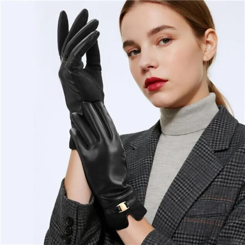 Women's Leather Gloves Winter Black PU Leather